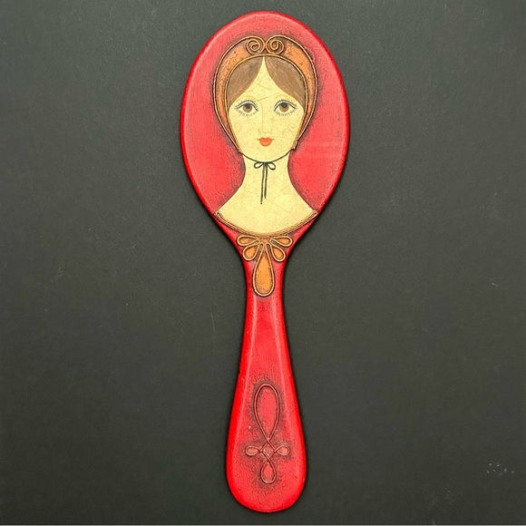 Rare Vintage 1960s Red Wooden Handmade Decorative Hand Mirror, Artist Signed - Picture 1 of 16